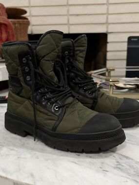 Salvatore Ferragamo Olive Quilted Nylon Leather Rally Combat Boots